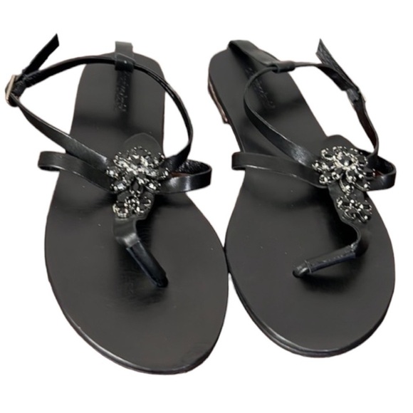 Charles David Black Embellished Jeweled Ankle Strap Flat Sandal Size 8 - Picture 1 of 11